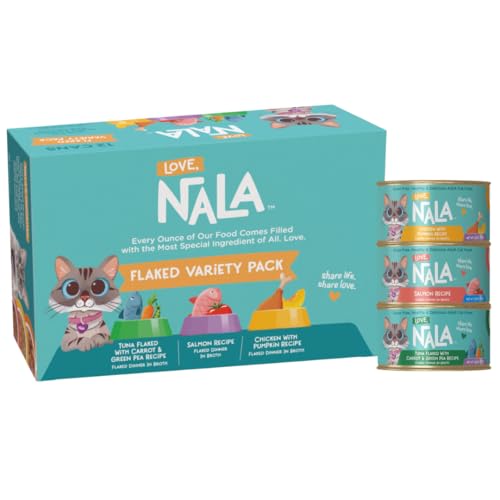 Image of LOVE, NALA Natural Flaked Wet Cat Food Variety Pack - Salmon, Tuna with Carrot & Pea, Chicken with Pumpkin - Grain Free, Non-GMO, High Protein, Omega-3, Added Vitamins & Minerals, 12 Pack (2.4 lb)