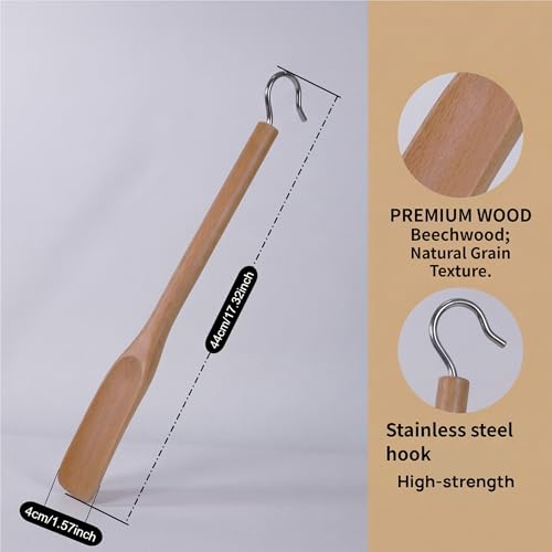 HGTC 17.3\" Innovative Wooden Shoe Horn with Boot Hooks, Multi-functional, Perfect Gifts for Seniors, Men, Women, Kids