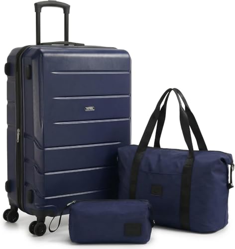 Image of Hoteel Luggage Sets 3 Piece, 4-Yr Warranty, PC+ABS Suitcases with Wheels and Side Hook, Hardshell 20 inch Luggage with Duffel Bag Travel Bag, Dark Blue