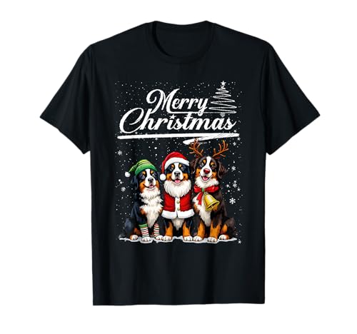 Bernese Mountain Dog Reindeer Elf Santa Merry Christmas Tree T-Shirt