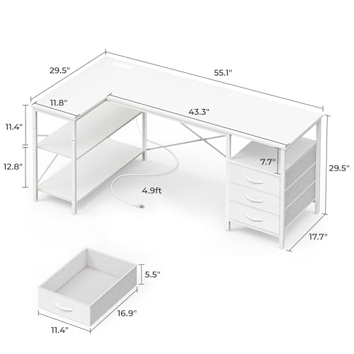 Image of Huuger L Shaped Office Desk with Power Outlets & 3 Drawers | 55 Inch Computer Desk with Shelves, Reverisble for Gaming Corner Work Home Office Study, White