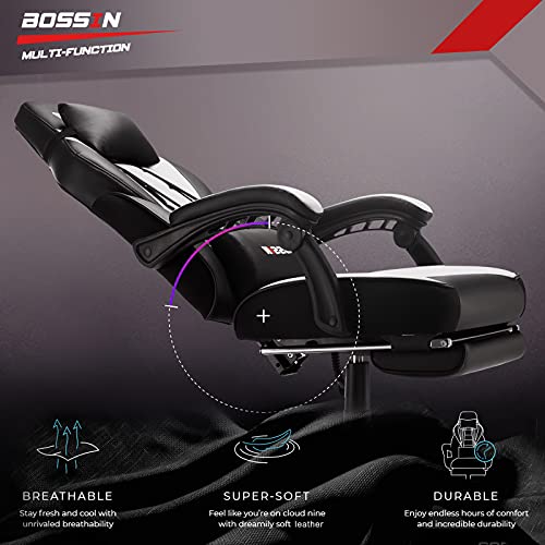 Bossin Racing Style Gaming Chair With Massage, Leather Computer Desk Chair With Footrest And Headrest, Ergonomic Heavy Duty Design, Large Size High-Back E-Sports, Big And Tall Gaming Chair #TOP3