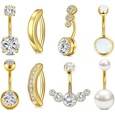 ShinyStyle J4You 8 Pcs Gold/Silver Belly Button Ring for Women Hypoallergenic Surgical Stainless Steel Belly Rings Pearl Opal CZ Clicker Belly Button Piercing Navel Piercings Pack Cover