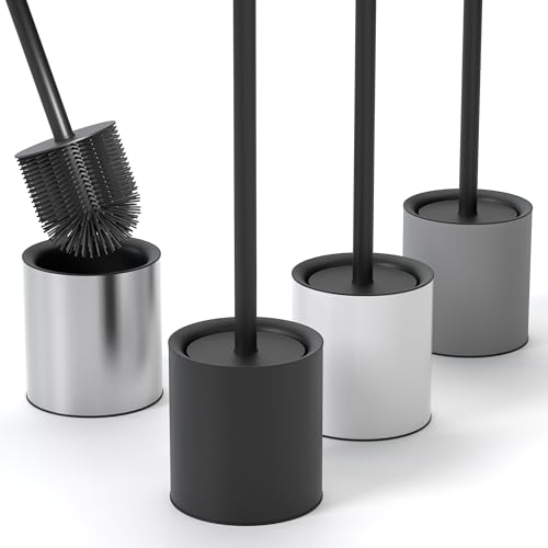 SAVEGA Escobilla Baño Silicona Antibacteriana - Escobillero Baño Acero Inoxidable – Diseño con Protección Antisalpicaduras (Negro Mate)