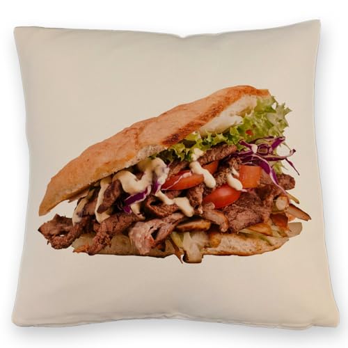speecheese Fast Food Döner Kebab Kissen mit Leinenoptik Bequemes DönerKissen mit Leinenoptik mit gegrilltem Fleisch frischem Salat geschnittenen Tomaten und Rotkohl