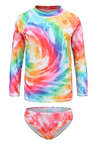 Image of Aisyee Girls Long Sleeve Rash Guard Set Two Piece Swimsuits Tie Dye Bathing Suits for Kids UPF 50+ Swim Shirts