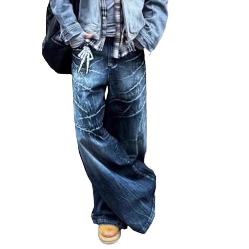DGHM-JLMY Mens Streetwear Hip Hop Baggy Jeans Retro Crack Washed Distressed Loose Trousers Wide Leg Denim Pants