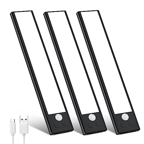 Image of 3 Pack Under Cabinet Lights, 32 LED Cold White Rechargeable Under Cabinet Lighting Motion Sensor LED Lights for Kitchen, Counter, Closet, Stairs (Black - Cold White Light, 8.07 Inch - 3 Pack)