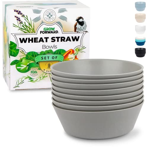 Grow Forward Premium Wheat Straw Bowls - 8 Unbreakable Cereal Bowls Set - 28 Oz Microwave Safe Bowls For Kitchen - Reusable Eco Friendly Bowls For Camping, Rv, Dorm, Soup, Oatmeal, Ramen - Feather #TOP6