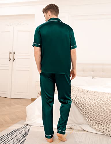 Image of SWOMOG Mens Satin Pajama Set Short Sleeve Classic Sleepwear Button Down Silky Loungewear with Long Pants