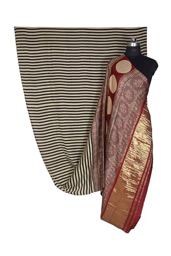 Image of Ethnics of Kutch Womens Ajrakh Modal Silk Natural Dye Golden Border Hand Block Print Saree with Blouse Piece - 5.5 Mtr Length (Black 03501A)