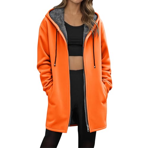 Generisch Doudoune pour femme - Couleur unie - Longueur moyenne - Avec fermeture éclair doublée en polaire - Pour femme en hiver, Orange, S