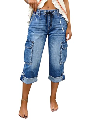 Flamingals Capri Straight Leg Mid Waist Drawstring Jeans for Women