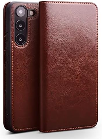 Wallet Case for Samsung Galaxy S23/S23 Plus/S23 Ultra, Handmade Genuine Leather Phone Case TPU Shell with Card Holder Kickstand Folio Flip Cover,S23 Plus,Brown