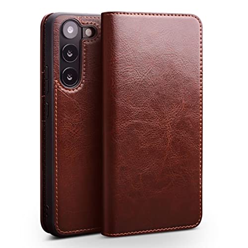 Wallet Case For Samsung Galaxy S23/S23 Plus/S23 Ultra, Handmade Genuine Leather Phone Case Tpu Shell With Card Holder Kickstand Folio Flip Cover,S23 Plus,Brown #TOP21