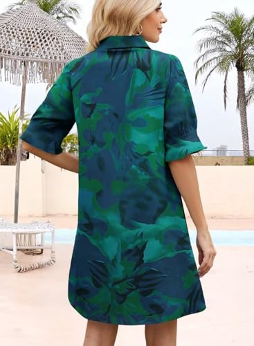 Image of Womens Summer Shirt Mini Dresses 2026 Beach | Flowy Shift Dress, Button V Neck, Polo Collar, Ruffle Short Sleeve, Floral Boho Style, Casual Vacation Outfits with Pockets