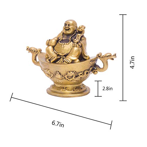 Handmade Brass Laughing Buddha Statue Holding ''Ruyi'' Sitting On Ingot Wealth Collectible Figurine #TOP1