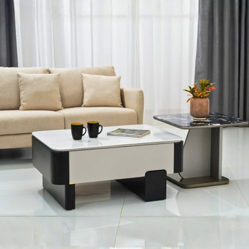 Image of Royaloak Seattle American Glass Coffee Table Set of Two | Tempered Glass with Marble Effect Surface & Black Body | Drawer Storage, Asymmetrical Side Design, Stylish Centre Table for Living Room