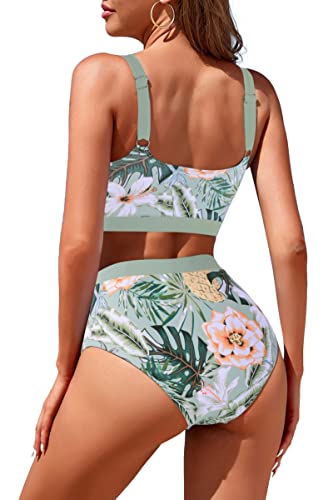 Image of Womens High Waisted Bikini Sets Sporty Crop Top Color Block Swimwear Bandeau Scoop Neck Vintage Two Piece Bathing Suits