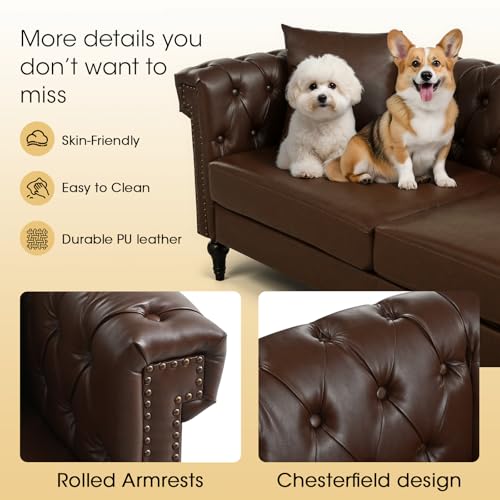 Image of 99.4 Inch 5 Seat L Shaped Couch Faux Leather Sectional Couch with Three Pillows Chesterfield L Shaped Sofa PU Leather Sectional Couches for Living Room Brown