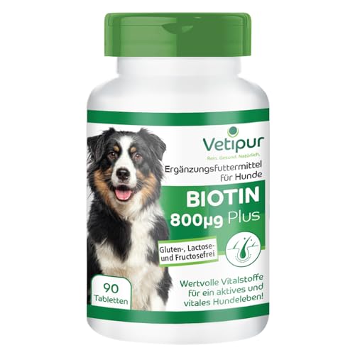 Fairvital | Vetipur Biotin Tabletten für Hunde - 90 Tabletten - Biotin Komplex 800µg - mit Kupfer, Zink und andere B-Vitamine - Futterergänzung für Hunde