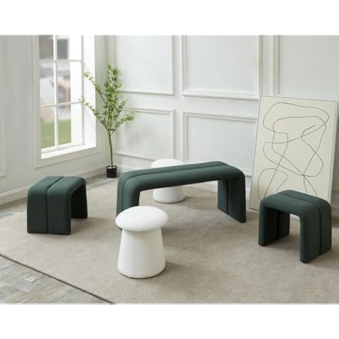 JOYBASE 5-Piece Ottoman Bench Footrest Set Modern Upholstered Ottoman Bench for Living Room, Bedroom (Deep Green and White) Cover
