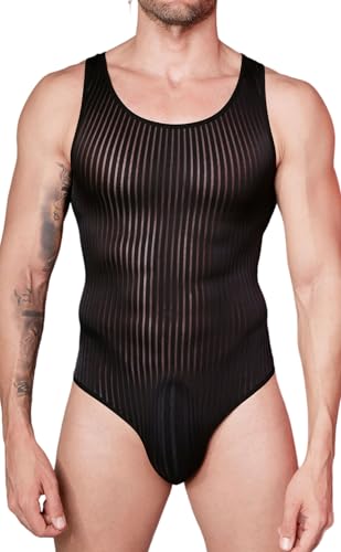 SEAUR Men's Bodysuit Sexy G-string Thongs Ribbed Sheer Bodysuit Shapewear Sleeveless Jumpsuits