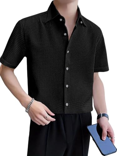 Image of GRECIILOOKS Shirt for Men | Mens Casual Shirt | Men Stylish Shirt | Men Waffle Shirt | Men's Regular Fit | Men Formal Shirt | Short Sleeve Shirt for Summer Outdoor Activities |Textured Shirts for Men