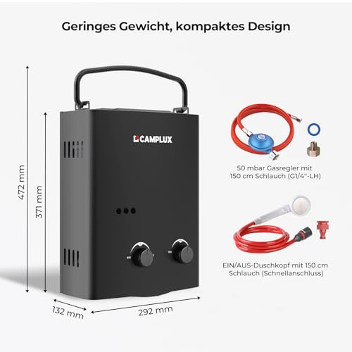 Camplux AY132B-DE Tankloser Durchlauferhitzer 50 mbar, 5 Liter LPG mit Tragegriff, 10 kW, Propan- oder Butangas für Campingdusche