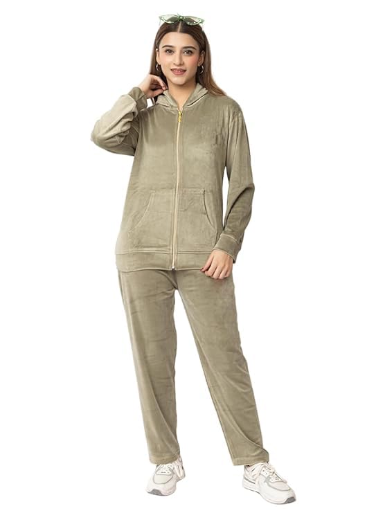 Women Velvet Tracksuit Set | Full Zip Jacket with Pockets & Elastic Waist Pants | Soft Winter Wear Co-ord Set for Casual, Travel & Loungewear | Mouse Color, Comfortable Fit-image-44