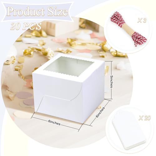 DOYIDE 20Pcs Mini Cake Boxes with Window, 6x6x5 Inches White Bakery Boxes, Small 4 Cupcake Boxes, Cake Packaging for Pastries, Cookies, Chocolates, Cupcakes, Birthday Party, Wedding, Valentine's Day by DOYIDE - Image 4