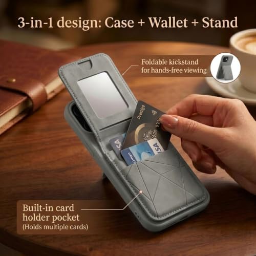 Image of amazon basics Premium Vegan Leather Back Cover with Card Holder and Integrated Mobile Stand for iPhone 11 - Slim Shockproof Wallet Case with Geometric Stitching [Gray]
