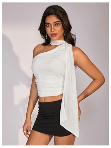 Image of RoseSeek Women's Y2K Leopard Polka Dots Halter Asymmetrical Neck Crop Tops | One Shoulder, Slim Fit, Sleeveless, Cheetah Print, Summer Tops, Scarf Tops, Party, Going Out Tops