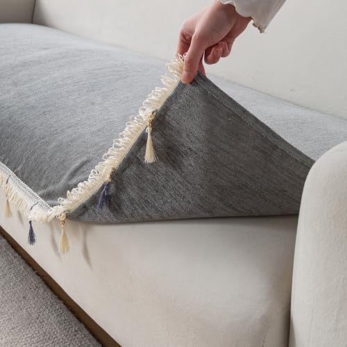 Image of HOKIPO 'Serenity Tassel' Chenille 2 Seater Sofa Cover with Tassel - Glacier Silver (IN-891-LGRY)