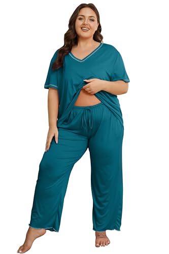Image of Vozanet Women's Plus Size Pajama Sets Short Sleeve Long Pants Solid Color with Piping Trim Elegant Loungewear Cozy Sleepwear