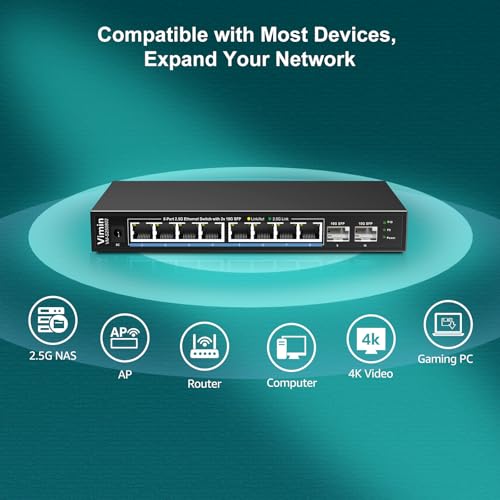 Image of 10 Port 2.5G Switch Unmanaged, VIMIN 8X 2.5G Switch base-T Ports+2X10G SFP+ Port, 80Gbps Switching Capacity, 2.5G 8 Port Ethernet Switch, Metal Housing, Fanless, Work for 2.5Gbps NAS, Wireless AP & PC
