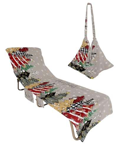 Christmas Tree Grey Beach Chair Towel Covers for Chaise Lounge with Side Pocket, Soft Plush Pool Towels Cover for Patio Sunbathing Outdoor 29''x85'' Snowflake Red Gold Green Dot