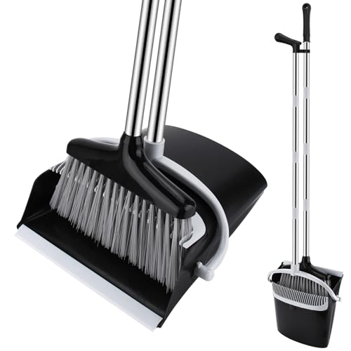 KIMIGO Escoba y Recogedor Plegable​​ con Mango Extensible (123 cm) - ​​Juego de Escoba y Recogedor para Interior/Exterior,Cocina,Garaje​​,Limpieza eficaz con diseño Moderno en Color Negro y Gris