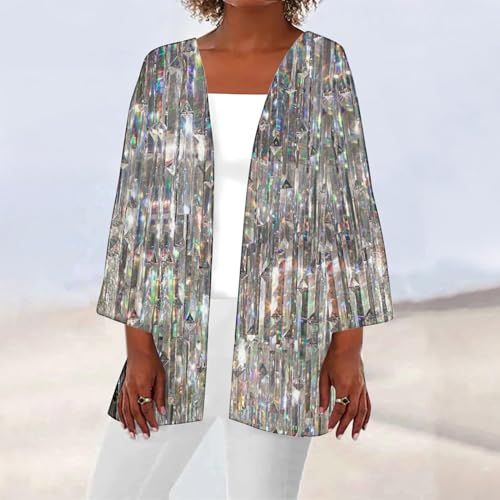 Womens Sequin Print Kimono Cardigan 3/4 Sleeve Loose Beach Wear Cover Up Summer Blouse Top Trendy Cruise Outfits2