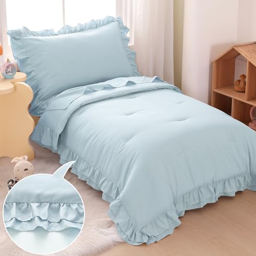Image of Toddler Comforter for Girls Blue Toddler Bedding Set 4 Pieces Double Ruffles Comforter Sets, Cozy and Tender Bedding Includes Comforter, Fitted Sheet, Flat Top Sheet and Pillowcase, Blue