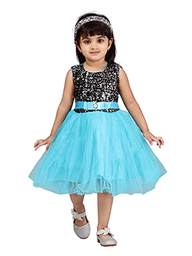 Image of MUHURATAM Girl's Net Fit and Flare Knee-Length Dress (FK-1001 Sky Blue 24)