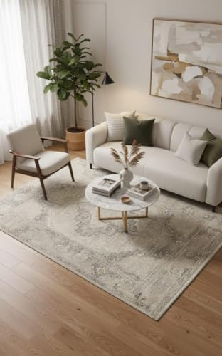Image of 6x9 Feet (180x270 CM) Carpet for Living Room Hall & Bedroom - Beige Brown Modern Abstract Geometric Silk-Touch Luxury Hotel-Style Washable Anti-Skid Turkish Area Rug