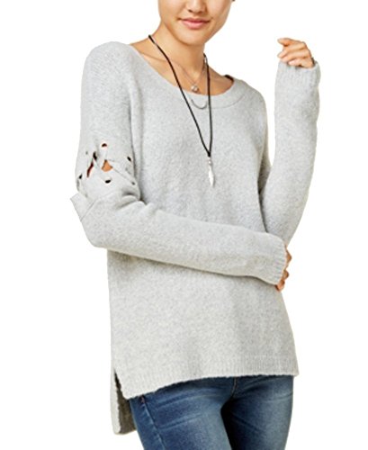 Junior's Lace-Up High-Low Sweater (Heather Grey, M)