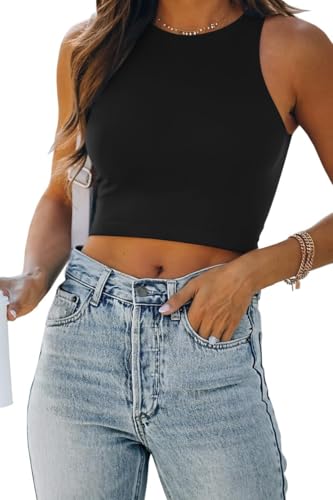 LILLUSORY Womens Halter Neck Crop Tanks Tops UK Summer Sleeveless Vest Clothes Going Out Ladies Mature Camisole Cute Y2k Capsule Wardrobe Clothing Black M