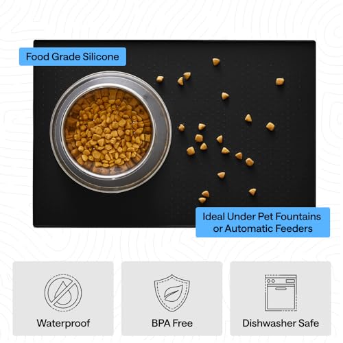 Image of GORILLA GRIP 100% Waterproof Raised Edge BPA Free Silicone Pet Feeding Mat, Dog Cat Food Mats Contain Spills Protects Floors, Placemats for Cats and Dogs Water Bowl, Pets Accessories 23x15 Black