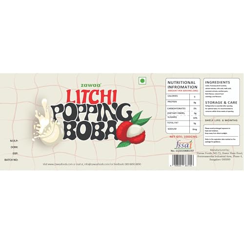 ZAWAA Foods Litchi Popping Boba Pearls 1kg – Bursting Boba for Bubble Tea - Lychee Flavor | Includes 10 Paper Straws