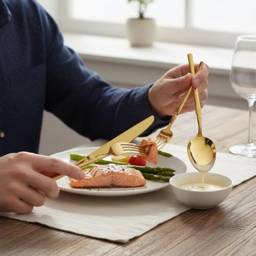 Image of 10 Pcs Gold Cutlery Set for Dining Table the Perfect Lightweight Silim Handle Tableware Including Dinner Spoon, Dinner Fork, Dinner Knife, Dessert Spoon & Dessert Fork