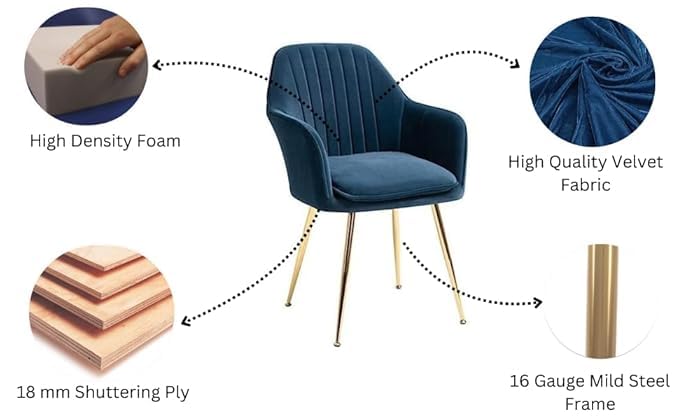 Image of Blue Velvet Chair for Home | Modern Accent Armchair in Soft Velvet Fabric with Golden Legs | Set of 2 Premium Accent Chair for Living Room Bedroom Restaurent | Blue, 2 pc