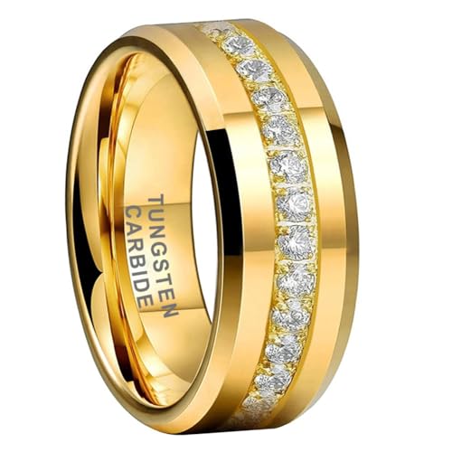 TUTISS 8mm Gold Tungsten Rings for Men Women Couple Eternity Anniversary Engagement Wedding Bands Fashion Jewelry CZ Stone Inlay Beveled Polished Shiny Comfort Fit Size 7.5