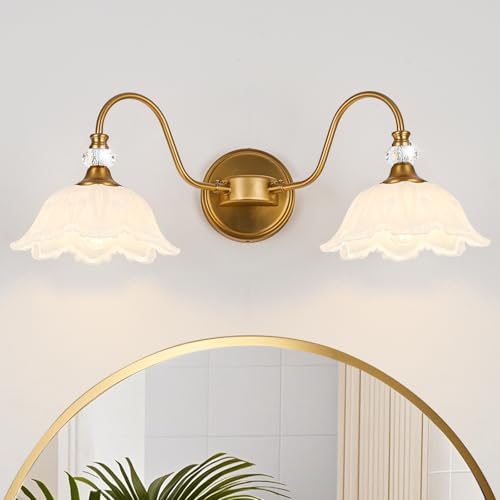 sunkryster Vintage Bathroom Vanity Light, 2-Light Matte Brass Finish Vanity Light with Floral White Glass Shades, Retro Wall Sconce for Bathroom, Dressing Table